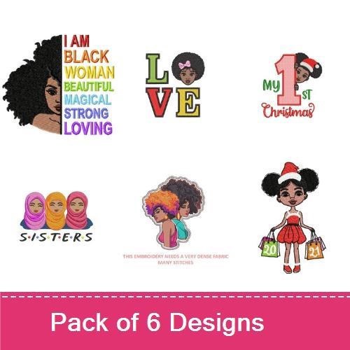 Empowered Women Embroidery Designs Bundle – I Am Black Woman, Woman with Natural Hair, Sisters & More (6 Designs)