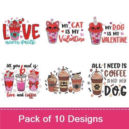 Valentine's Day Coffee & Pet Embroidery Bundle – Love Themes (10 Designs)