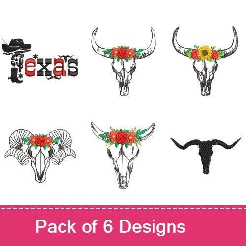 Western Skull Floral Embroidery Designs Bundle – Texas with Cowboy Hat, Floral Skull with Red Flowers & More (6 Designs)