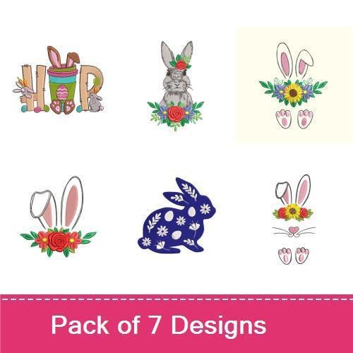 Easter Bunny Embroidery Designs Bundle – Bunny with Flowers, Eggs in a Basket, Paw Prints & More (7 Designs)