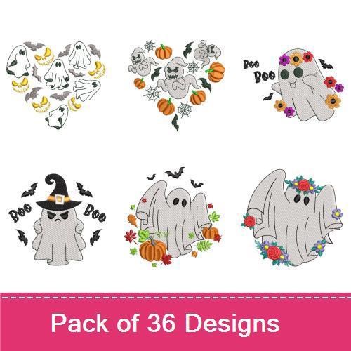 Cute Halloween Ghosts Embroidery Designs Bundle – Ghost with Flowers, Ghost Holding Pumpkin, Ghost with Witch Hat & More (9 Designs)