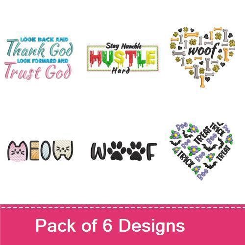 Inspirational Pet Quotes Embroidery Designs Bundle – Look Back and Thank God, Stay Humble Hustle Hard, Woof Heart & More (6 Designs)