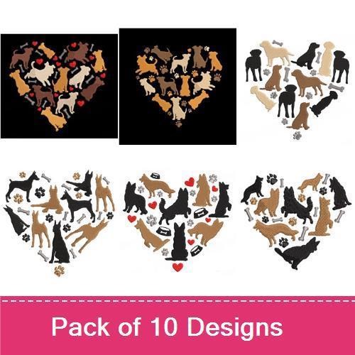 Dog Love Embroidery Designs Bundle – German Shepherd Heart, Labrador Heart, Puppy Heart & More (10 Designs)