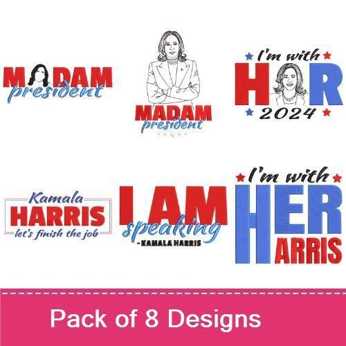Kamala Harris Patriotic Embroidery Designs Bundle – Silhouette, HARRIS Word Art, Madam Speech & More (8 Designs)