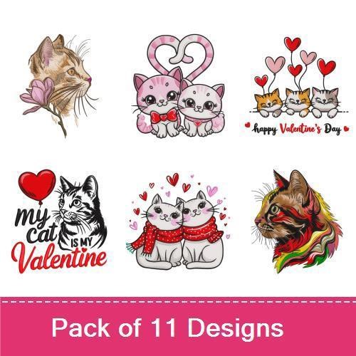 Valentine-themed Cats Embroidery Designs Bundle – My Cat is My Valentine, Cat with Heart Balloon, Two Cats with Hearts & More (11 Designs)