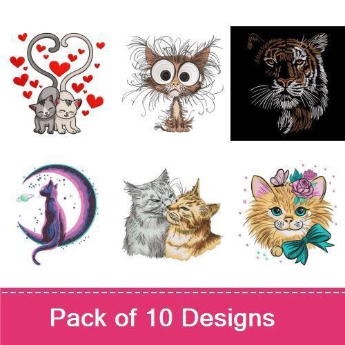 Charming Cats Embroidery Designs Bundle – Colorful Cat Face, Cute White Kitten, Cat with Hearts & More (10 Designs)
