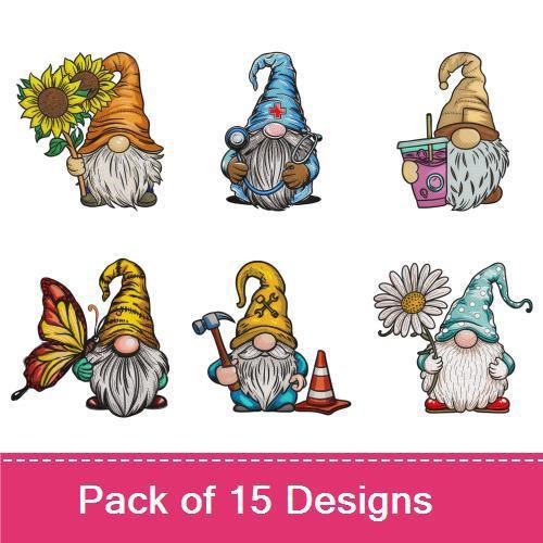Gnome Embroidery Designs Bundle – Heart, Sunflower, Drink, Butterfly & More (15 Designs)