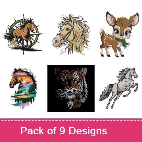 Wildlife & Horses Embroidery Designs Bundle – Tiger Face, Horse Compass, Deer Fawn & More (9 Designs)