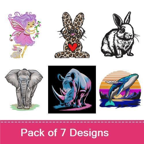 Wildlife Animals Embroidery Bundle – Elephant, Rhino, Whale & More (7 Designs)