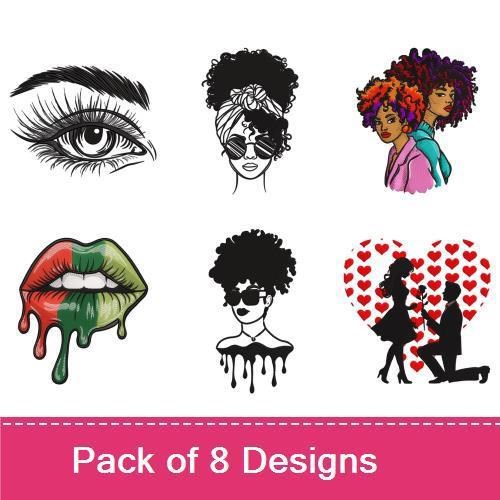 Chic Silhouettes Embroidery Designs Bundle – Woman with Curly Hair, Eyebrows and Eyes, Lip Art & More (8 Designs)