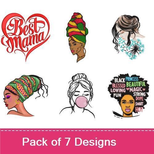Empowered Women Embroidery Designs Bundle – Woman Blowing Bubble Gum, Black Girls Rock, Woman with Headwrap & More (7 Designs)