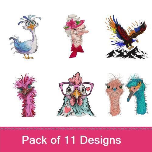 Quirky Birds Embroidery Designs Bundle – Chic Rooster with Glasses, Flamingo in Tropical Background, Silly Chicken & More (11 Designs)