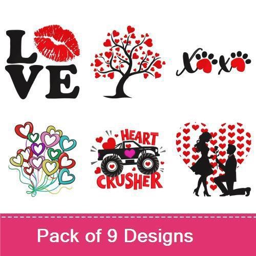 Valentine's Day & Love Embroidery Designs Bundle – Heart Tree, Love Text with Lips, Paw Print Hearts & More (9 Designs)