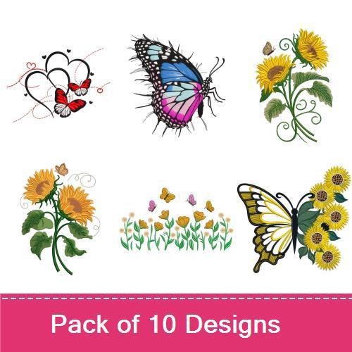 Floral Embroidery Bundle – Sunflower Bouquet, Butterfly Garden, Colorful Butterfly & More (10 Designs)