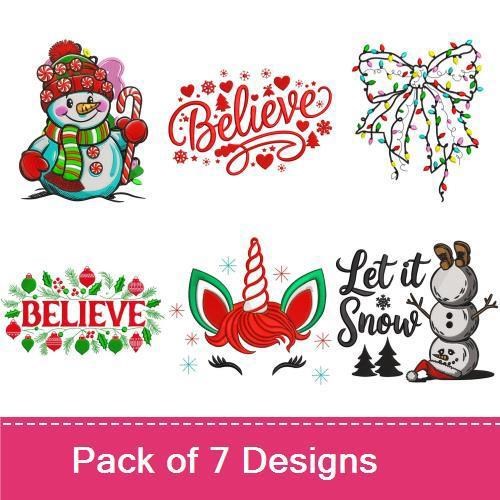 Festive Holiday Themes Embroidery Designs Bundle – Snowman with Candy Cane, Believe Text, Unicorn with Santa Hat & More (7 Designs)