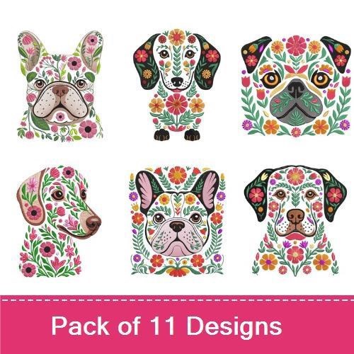 Floral Dog Embroidery Designs Bundle – Dachshund, Pug, Corgi, French Bulldog, Beagle & More (11 Designs)