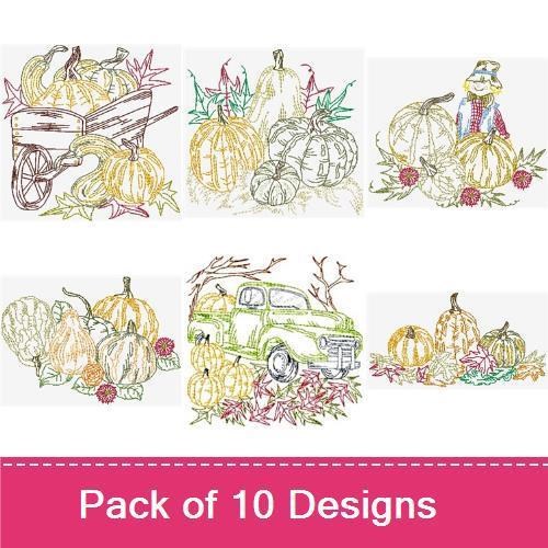 Redwork Autumn Harvest Embroidery Designs Bundle – Apple Basket, Pumpkin Wreath, Cornucopia & More (10 Designs)