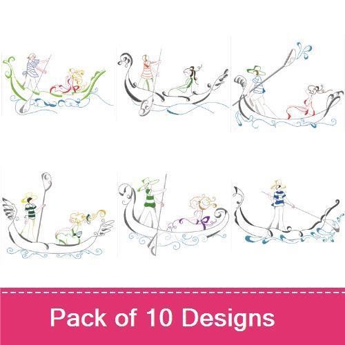 Redwork Gondola Ride Embroidery Bundle – Gondola Ride with Musician, Couple in Gondola, Gondola with Flowers & More (10 Designs)