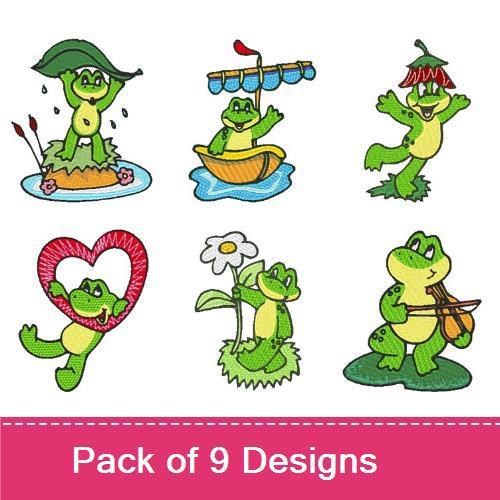 Cheerful Frogs Embroidery Designs Bundle – Frog on Lily Pad, Frog with Butterfly, Happy Frog & More (9 Designs)