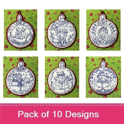 Redwork Snowman Ornament Embroidery Bundle – Snowman with Christmas Tree, Snowman with Bird, & More (10 Designs)
