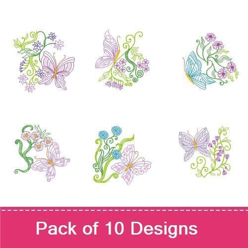 Redwork Butterflies & Floral Elements Embroidery Designs Bundle – Floral Butterfly with Greenery, Purple Butterfly with Flowers & More (10 Designs)