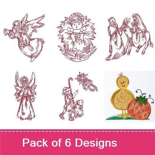 Redwork Nativity Embroidery Designs Bundle – Angel with Horn, Nativity Scene with Mary and Joseph & More (6 Designs)