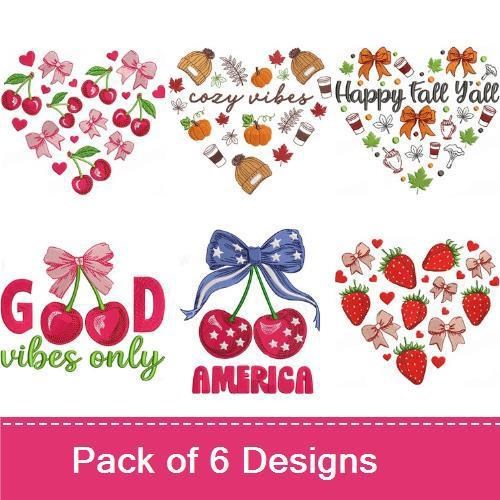 Fruit & Fall Theme Embroidery Designs Bundle – Cherry Heart, Cozy Vibes, Happy Fall Y'all & More (6 Designs)