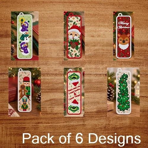 Christmas Bookmark Embroidery Designs Bundle – Snowman, Santa, Christmas Tree & More (6 Designs)