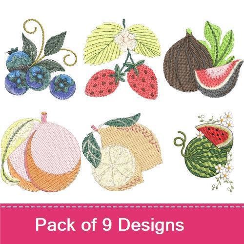 Fresh Fruit Embroidery Bundle – Strawberry Cluster, Blueberry Bunch, Fig with Leaves & More (9 Designs)