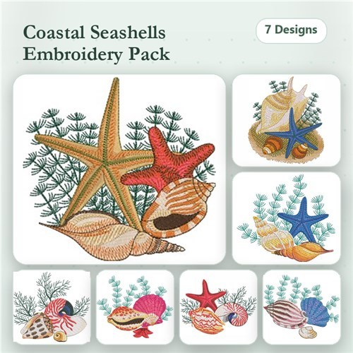 Seashell & Starfish Embroidery Designs Bundle – Seashell with Starfish, Blue Sea Shell, Starfish on Beach Bag & More (7 Designs)