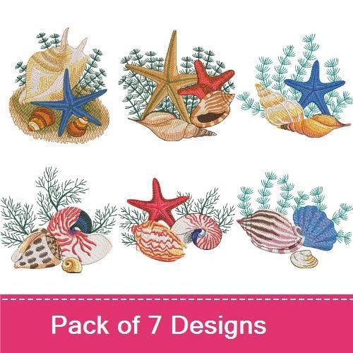 Seashell & Starfish Embroidery Designs Bundle – Seashell with Starfish, Blue Sea Shell, Starfish on Beach Bag & More (7 Designs)