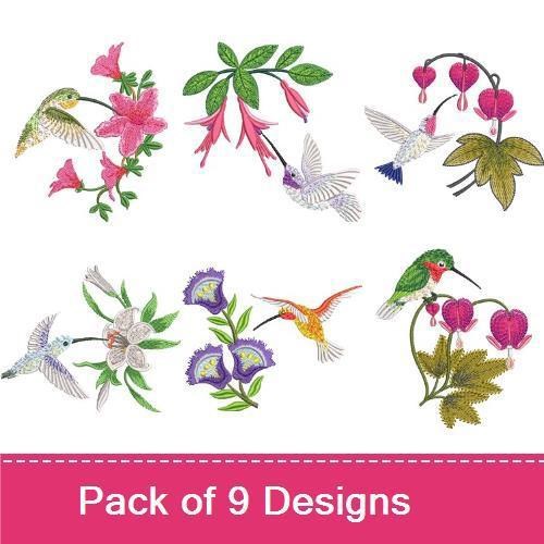 Hummingbird & Flower Embroidery Designs Bundle – Hummingbird with Pink Flowers, Hummingbird on Fuchsia & More (9 Designs)
