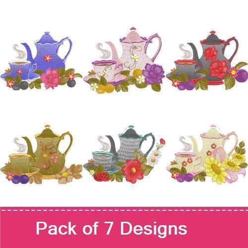 Floral Teapot Embroidery Designs Bundle – Pink Roses, Blue Flowers, Red & More (7 Designs)