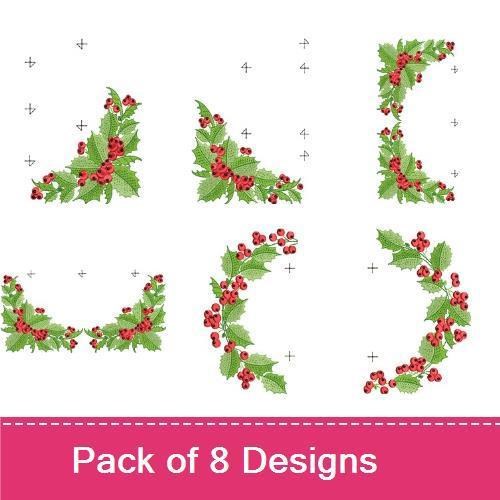 Holly Corner Embroidery Bundle – Holly with Berries (8 Designs)