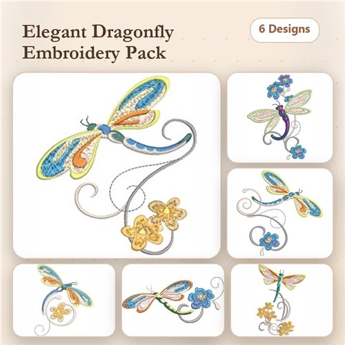 Elegant Dragonfly Embroidery Designs Bundle – Elegant Dragonfly with Flowers, Blue Dragonfly with Floral Swirls & More (6 Designs)