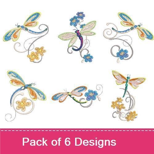 Elegant Dragonfly Embroidery Designs Bundle – Elegant Dragonfly with Flowers, Blue Dragonfly with Floral Swirls & More (6 Designs)