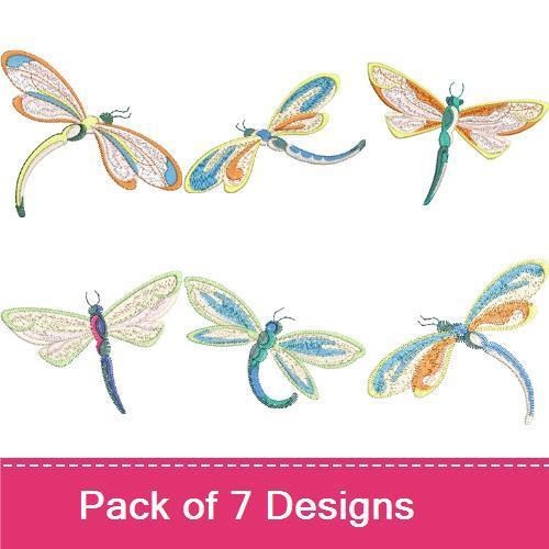 Colorful Dragonfly Embroidery Designs Bundle – Blue Body, Green Wings, Pink Body & More (7 Designs)