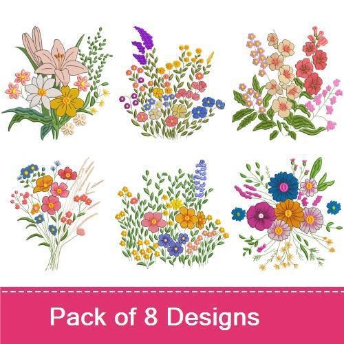 Colorful Floral Arrangements Embroidery Designs Bundle – Floral Bouquet with Lilies, Wildflower Arrangement, & More (8 Designs)