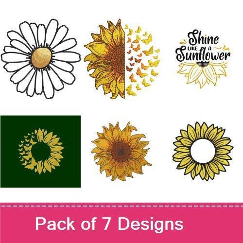 Sunflower & Daisy Embroidery Bundle – Shine like a Sunflower, Sunflower Illustration & More (7 Designs)