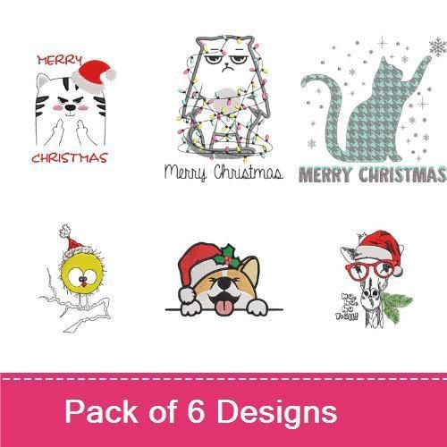 Festive Cats & Dogs Embroidery Designs Bundle – Cat with Christmas Lights, Merry Christmas Cat, & More (6 Designs)