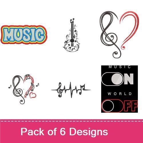 Music-Themed Embroidery Designs Bundle – Music Text, Saxophone, Treble Clef with Heart & More (6 Designs)