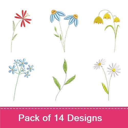Floral Stems Embroidery Designs Bundle – Red Floral Stem, Orange Floral Stem, Flower with Stem & More (14 Designs)