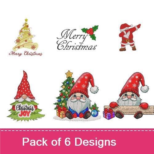 Christmas Gnomes and Decorations Embroidery Designs Bundle – Gnome with Christmas Tree, Santa with Gifts, Merry Christmas Text & More (6 Designs)