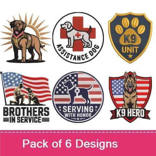 Service Dog Tribute Embroidery Designs Bundle – Brothers in Service, K9 Unit Badge, Serving with Honor & More (6 Designs)