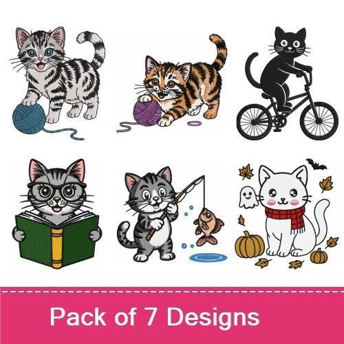 Cats Embroidery Designs Bundle – Kitten with Yarn, Tiger Cat Playing with Yarn, Black Cat on Bicycle & More (7 Designs)