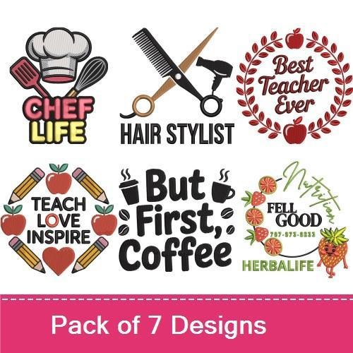 Everyday Life Activities Embroidery Designs Bundle – Cupcake with Rolling Pin, Best Teacher Ever, & More (6 Designs)