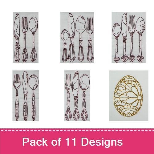 Redwork Cutlery & Decorative Eggs Embroidery Designs Bundle – Elegant Fork, Knife, Spoon & More (11 Designs)