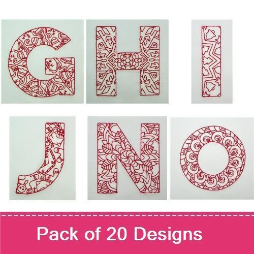 Redwork Alphabet Letters Embroidery Designs Bundle – G, H, I, J, K, L & More (20 Designs)