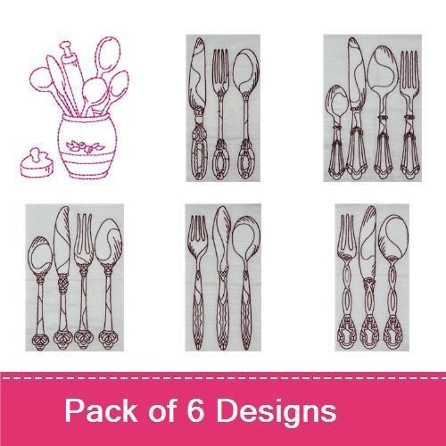 Redwork Elegant Cutlery Embroidery Designs Bundle – Fork, Knife, Spoon, & More (6 Designs)