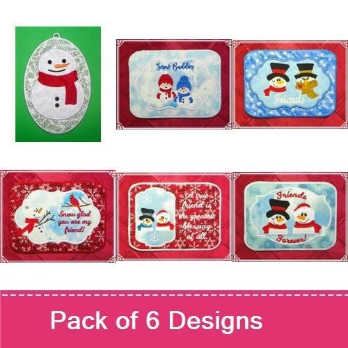 Snowman Embroidery Bundle – Snowman with Red Scarf, Snowman with Blue Scarf, Snowman Friends with Snowflakes & More (6 Designs)